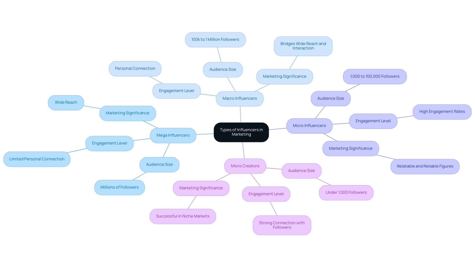 Each branch represents a type of influencer, with sub-branches detailing their audience size, engagement, and marketing significance.
