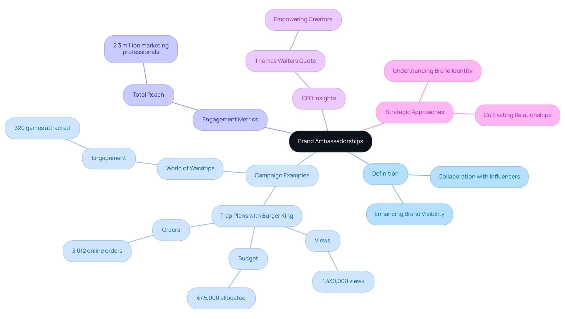 The central node represents brand ambassadorships, branches signify key components, and color coding differentiates between categories.