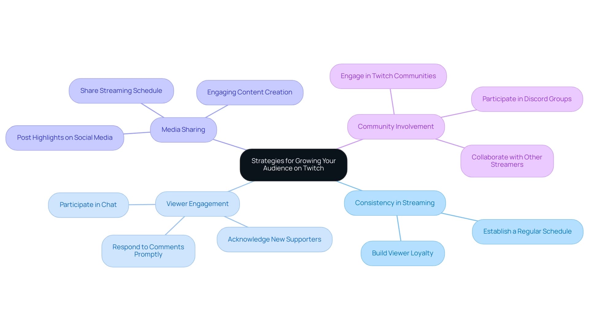 Each branch represents a key strategy for audience growth, with sub-branches detailing specific actions. Color coding differentiates the main strategies.