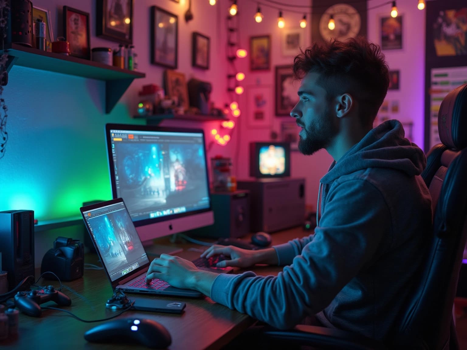 Gamer Blogger in a Vibrant Workspace